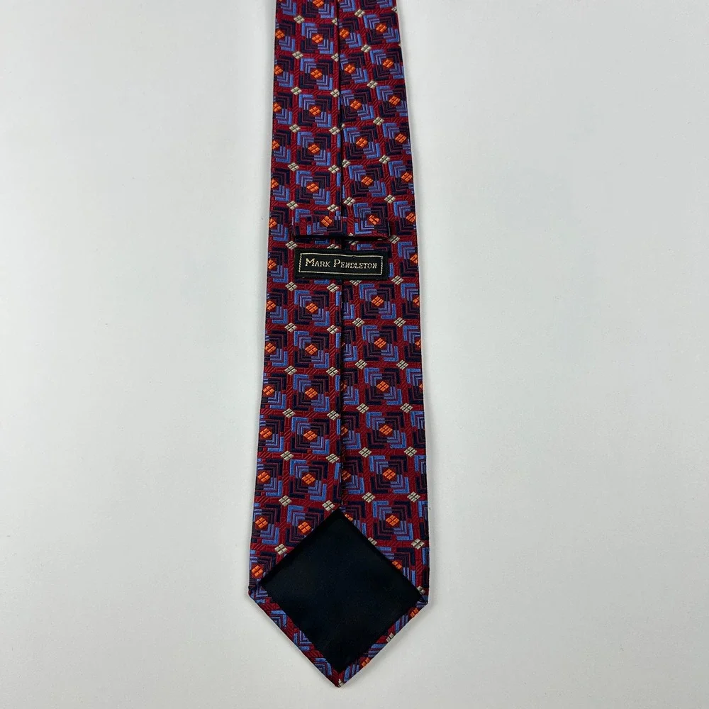 Vintage Mark Pendleton‎ Red Blue Orange Geometric 100% Silk Tie USA